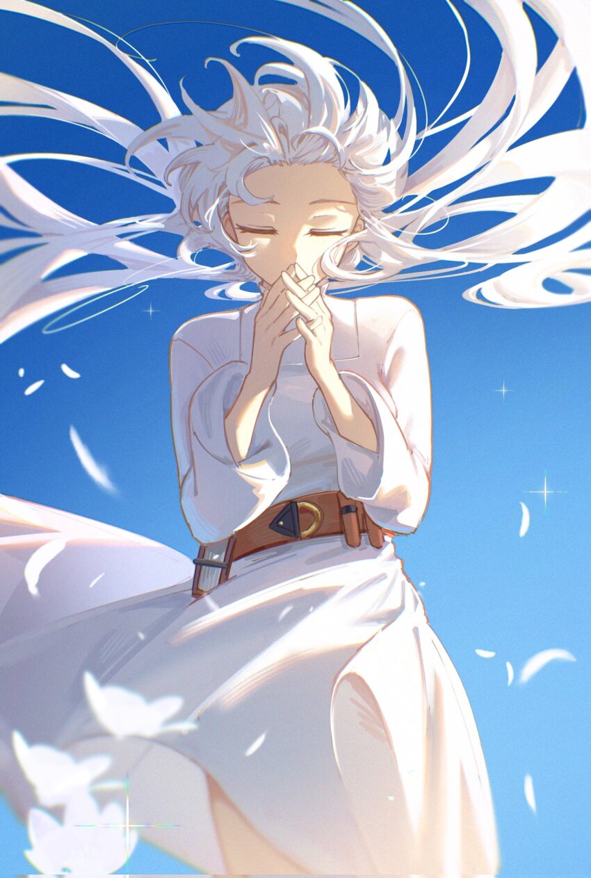 1girl belt belt_buckle blue_background book buckle closed_eyes commentary dress english_commentary falling_feathers feathers hair_floating_upwards highres jl_tan long_hair marianne_winterlune own_hands_together second-party_source solo test_tube textless_version the_4_sigils_-_the_malice_of_winter turtleneck turtleneck_dress white_dress white_hair wind wind_lift