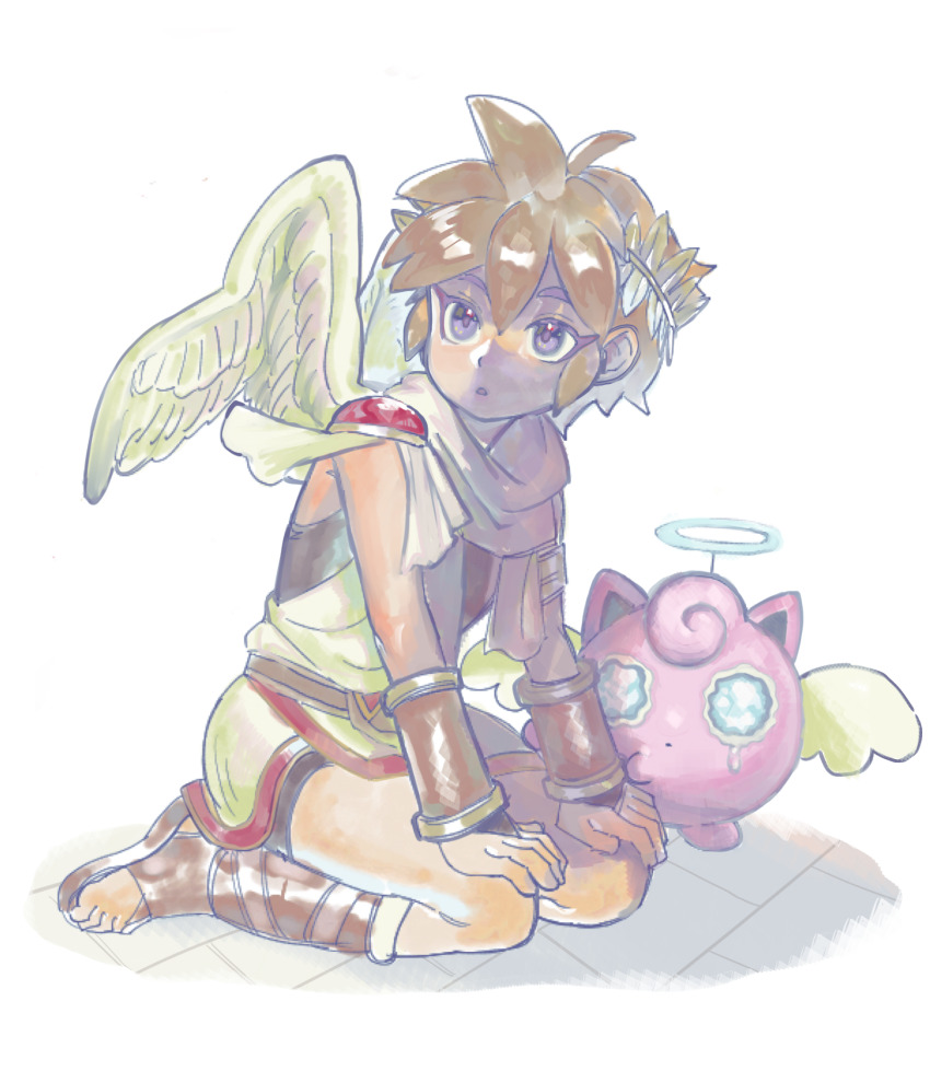 1boy ahoge angel angel_wings bike_shorts brown_hair creatures_(company) dancho_no_mori fake_halo fake_wings full_body game_freak gen_1_pokemon halo highres jigglypuff kid_icarus kid_icarus_uprising laurel_crown male_focus nintendo parted_lips pit_(kid_icarus) pokemon pokemon_(creature) seiza sitting super_smash_bros. tears wings