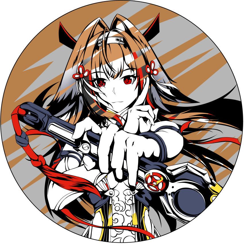 1girl :3 absurdres armlet bare_shoulders border brown_background brown_hair china_dress chinese_clothes closed_mouth clover clover_hair_ornament commentary_request dress droopy_ears grey_background hair_ornament hairband highres holding holding_sword holding_weapon jewelry long_hair metal_bracelet nanguibeijiang qingming_sword red_eyes round_border silver_armlet solo sword two-tone_background upper_body weapon white_background white_hairband ye_shunguang zenless_zone_zero