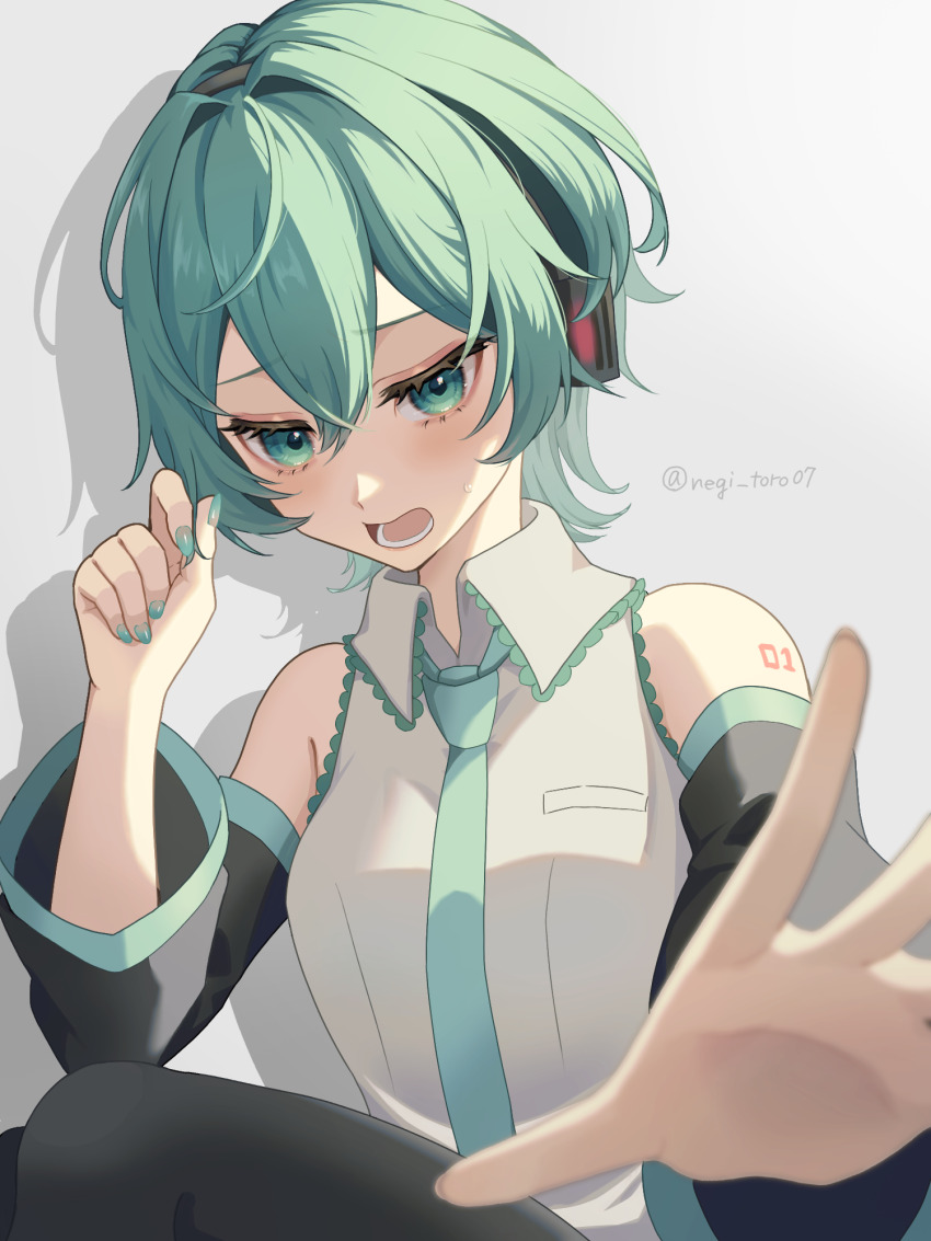 1girl alternate_hairstyle aqua_eyes aqua_hair aqua_necktie black_sleeves black_thighhighs detached_sleeves hatsune_miku highres nagi-negitoro necktie open_mouth shirt short_hair solo thighhighs vocaloid white_shirt wolf_cut