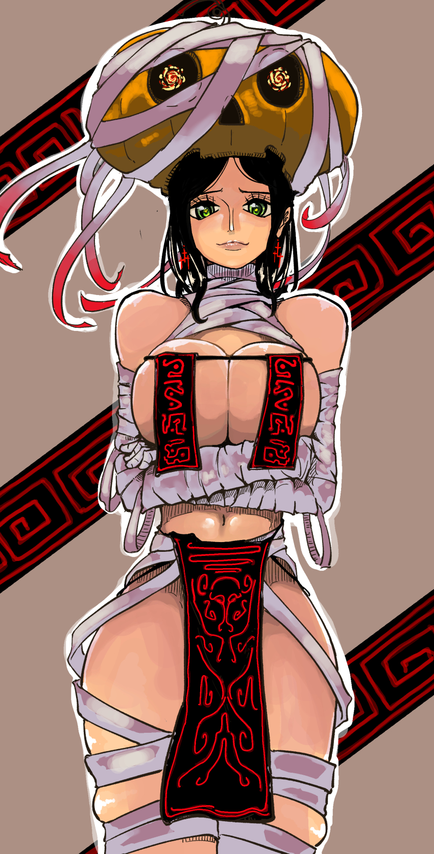 1girl absurdres alternate_eye_color bare_shoulders breasts breasts_squeezed_together closed_mouth commentary_request cowboy_shot crossed_arms earrings elbow_gloves furrowed_brow gloves green_eyes halloween hato_hato_hato highres jack-o&#039;-lantern jewelry large_breasts lips looking_at_viewer mummy_costume navel nico_robin nose one_piece outline pelvic_curtain pumpkin_on_head simple_background skindentation smile solo striped_background white_outline wide_hips