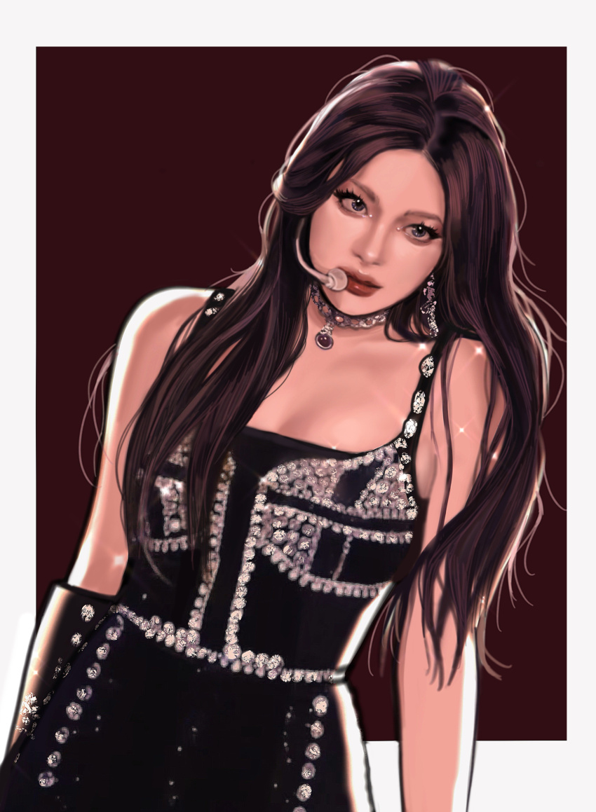 1girl absurdres aespa black_dress border brown_hair cowboy_shot dress earrings eyeshadow highres jewelry long_hair looking_to_the_side makeup mascara microphone necklace ningning_(aespa) real_life red_lips simple_background solo sparkle weibo_7820075969 white_border