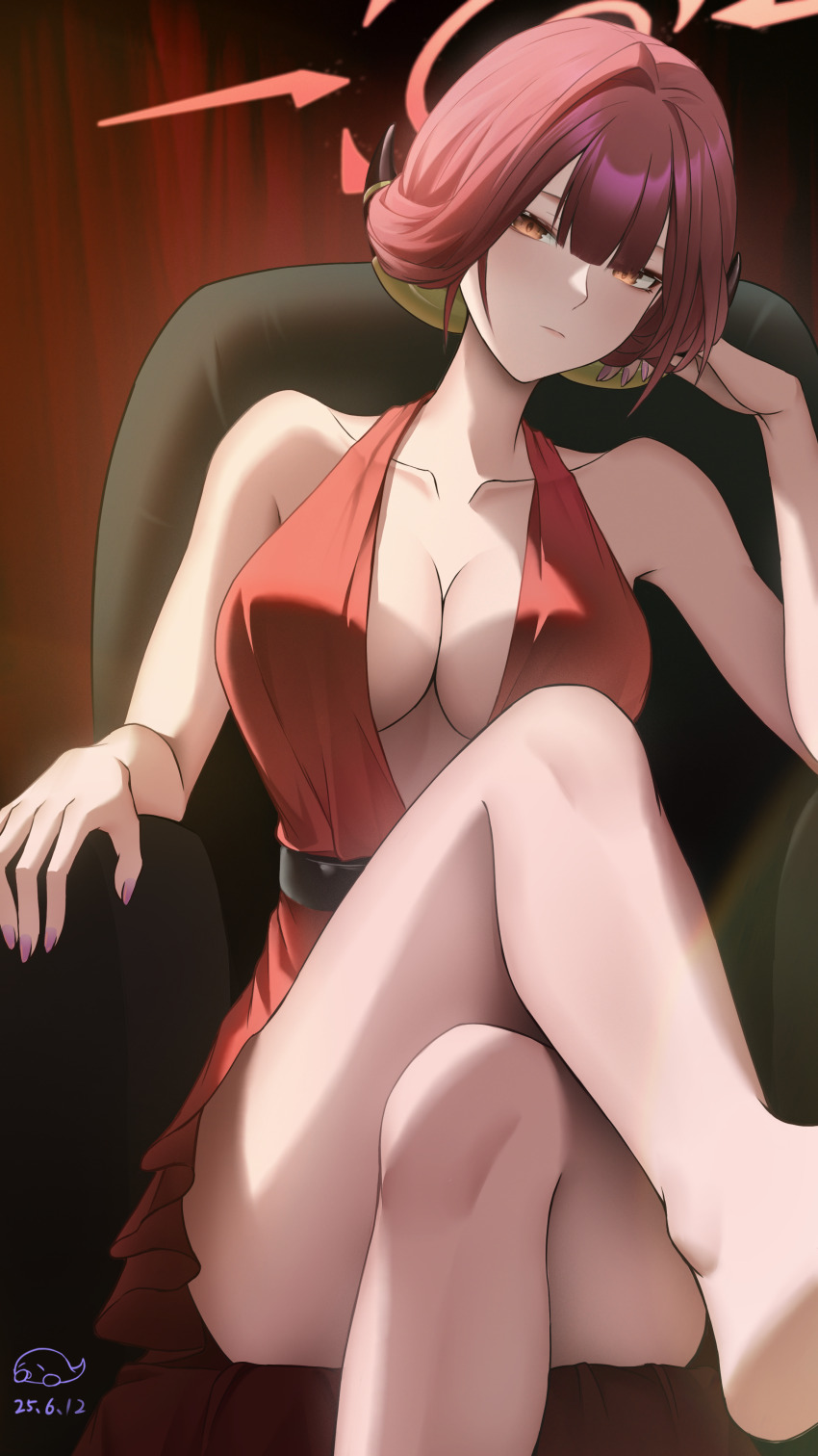 1girl absurdres aifankuendefeng alternate_costume alternate_hair_length alternate_hairstyle aru_(blue_archive) bare_arms bare_shoulders barefoot blue_archive blunt_bangs breasts chair cleavage closed_mouth crossed_legs demon_girl demon_horns dress hair_between_eyes highres horns large_breasts looking_at_viewer on_chair red_dress red_hair short_hair sidelocks sitting sleeveless sleeveless_dress solo yellow_eyes