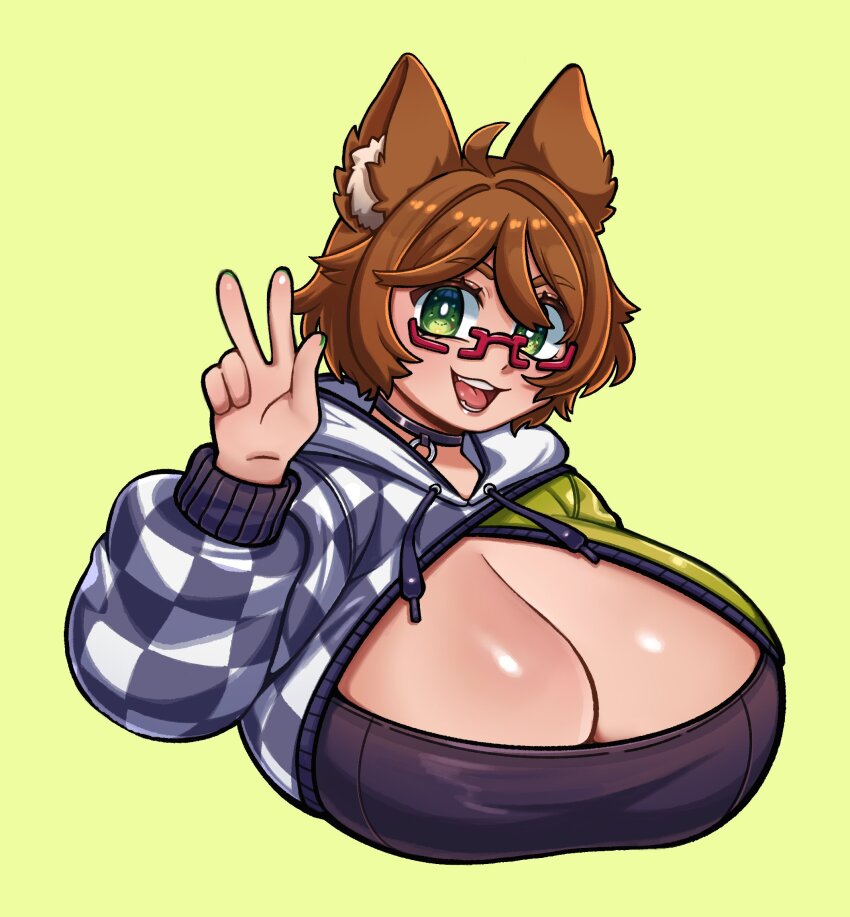 1girl ahoge animal_ear_fluff breasts brown_hair cleavage collar commission cropped_hoodie drawstring green_background green_eyes green_nails hair_between_eyes hair_over_one_eye highres hood hoodie huge_breasts indie_virtual_youtuber long_sleeves looking_at_viewer medium_hair mint_castella mint_castella_(1st_costume) open_mouth paperrose red-framed_eyewear second-party_source semi-rimless_eyewear solo under-rim_eyewear upper_body v virtual_youtuber