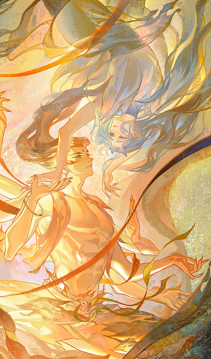 2boys absurdres ao_bing_(nezha_zhi_motong_jiangshi) barefoot blue_eyes blue_hair brown_hair closed_eyes eye_contact floating floating_hair flower hand_up highres holding_hands jewelry long_hair looking_at_another male_focus monster_boy multiple_boys nezha_(nezha_zhi_motong_jiangshi) nezha_zhi_motong_jiangshi outstretched_arm parted_lips pectorals pointy_ears reaching short_hair smile toned toned_male topless_male upside-down very_long_hair yaoi yinzinmiemie