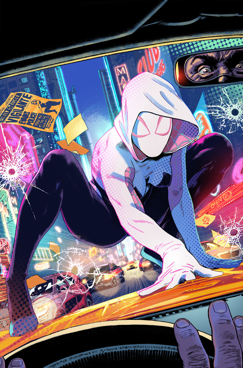 1girl ballet_slippers ben-day_dots black_bodysuit blue_sky bodysuit breasts bullet_hole car car_interior city city_lights cityscape dots dutch_angle english_text forced_perspective full_body glass highres hood hooded_bodysuit leaning_forward looking_at_viewer marvel mask medium_breasts motor_vehicle multicolored_bodysuit neon_lights neon_sign newspaper poster_(object) pov print_bodysuit reflection scared screentones shattered sign skin_tight sky spider-gwen spider_web_print squatting steering_wheel superhero_costume taxi traffic two-tone_bodysuit valentinabianconi white_bodysuit windshield yellow_car