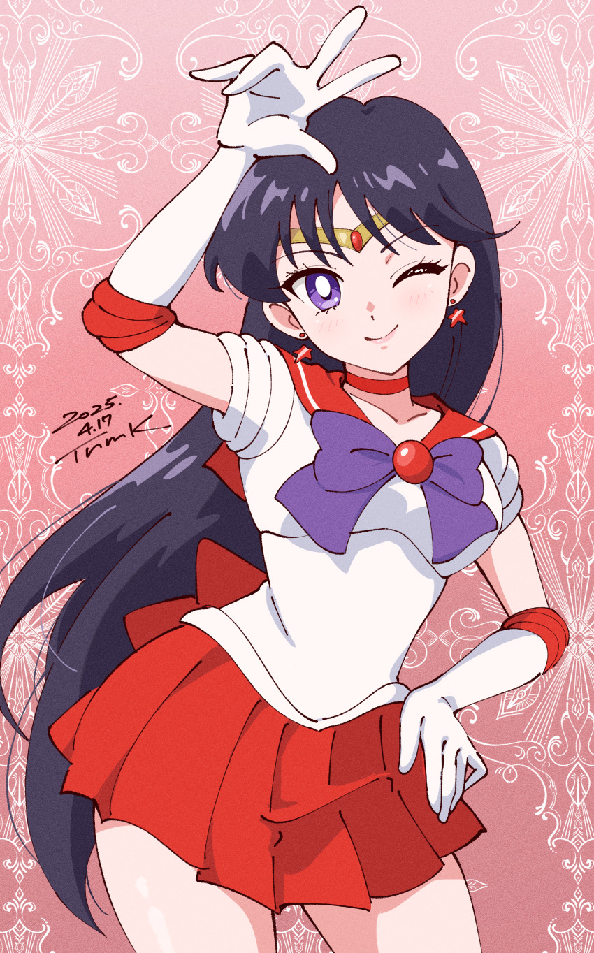 1girl absurdres bishoujo_senshi_sailor_moon black_hair breasts choker earrings elbow_gloves gloves highres hino_rei jewelry long_hair looking_at_viewer magical_girl medium_breasts miniskirt pleated_skirt purple_eyes red_choker red_sailor_collar red_skirt sailor_collar sailor_mars sailor_senshi_uniform skirt smile star_(symbol) star_earrings tsunemoku very_long_hair white_gloves