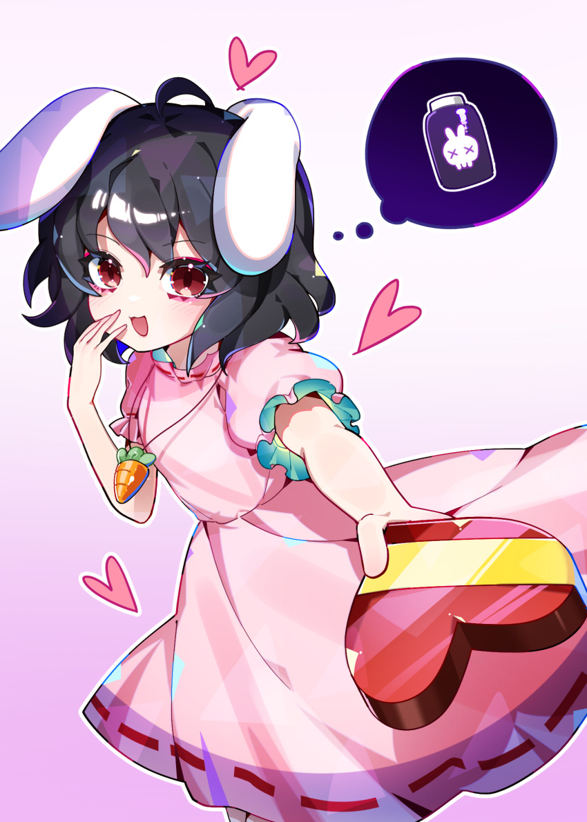 1girl :d ahoge animal_ears black_hair box carrot_necklace commentary dress floppy_ears foreshortening frills hand_up happy heart heart-shaped_box highres inaba_tewi incoming_gift jewelry looking_at_viewer necklace open_mouth outline outstretched_arm pink_dress puffy_short_sleeves puffy_sleeves rabbit_ears red_eyes short_hair short_sleeves sia_6767 simple_background skull smile solo speech_bubble spoken_object thought_bubble touhou valentine white_background white_outline x_x