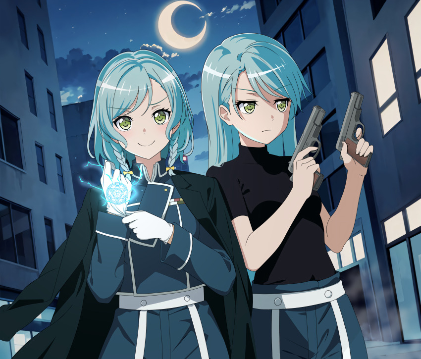 2girls absurdres amestris_military_uniform aqua_hair bang_dream! black_shirt blue_jacket blue_pants bow braid breasts building cloud coat commentary commission cosplay crescent_moon dual_wielding english_commentary fries_vanquisher fullmetal_alchemist gloves green_eyes gun hair_bow handgun highres hikawa_hina hikawa_sayo holding jacket long_hair looking_at_viewer medium_breasts medium_hair military_jacket moon multiple_girls night night_sky outdoors pants pixiv_commission riza_hawkeye riza_hawkeye_(cosplay) roy_mustang roy_mustang_(cosplay) serious shirt siblings sisters sky small_breasts smile turtleneck twin_braids twins weapon white_gloves yellow_bow