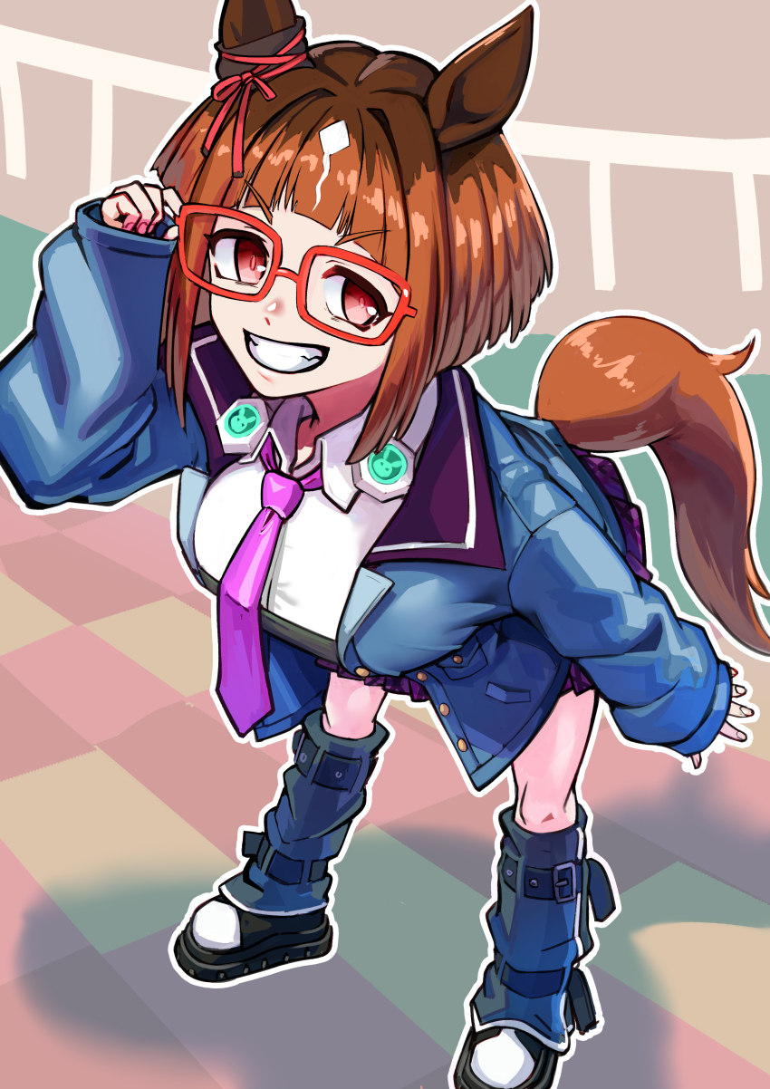 1girl absurdres adjusting_eyewear animal_ears blue_boots blue_jacket boots bow breasts brown_hair cell_(fu_cell) collared_shirt commentary_request dress_shirt ear_ribbon full_body glasses grin hand_up headphones headphones_around_neck highres horse_ears horse_girl horse_tail jacket large_breasts leaning_forward long_sleeves medium_hair necktie open_clothes open_jacket purple_necktie red-framed_eyewear red_eyes red_ribbon ribbon shirt sleeves_past_wrists smile solo tail transcend_(umamusume) umamusume v-shaped_eyebrows white_shirt