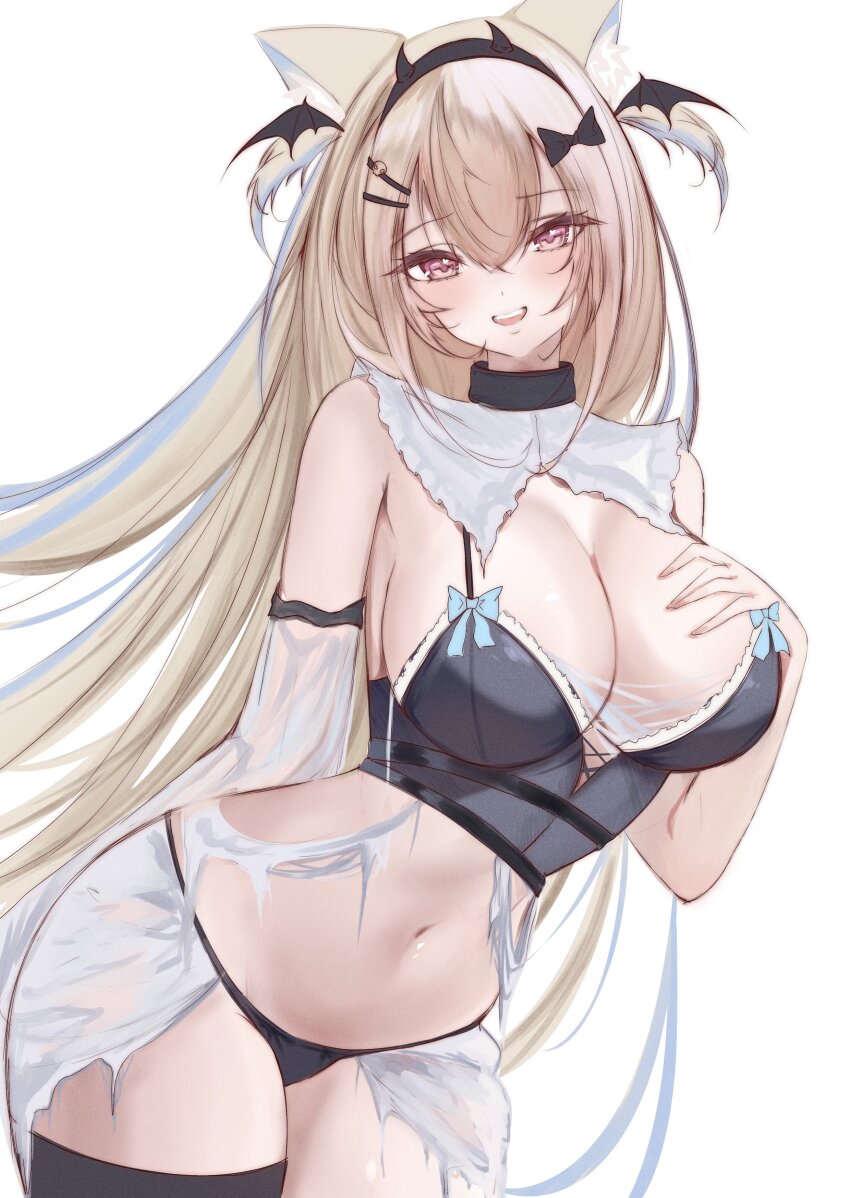 1girl absurdres animal_ear_fluff animal_ears bare_shoulders black_bra black_collar black_panties black_thighhighs blonde_hair blue_hair bra breasts cleavage collar cowboy_shot dog_ears dog_girl eyelashes fuwawa_abyssgard highres hololive hololive_english large_breasts multicolored_hair panties pink_eyes puponya simple_background skirt solo streaked_hair thighhighs torn_clothes torn_skirt two-tone_hair two_side_up underwear virtual_youtuber white_background