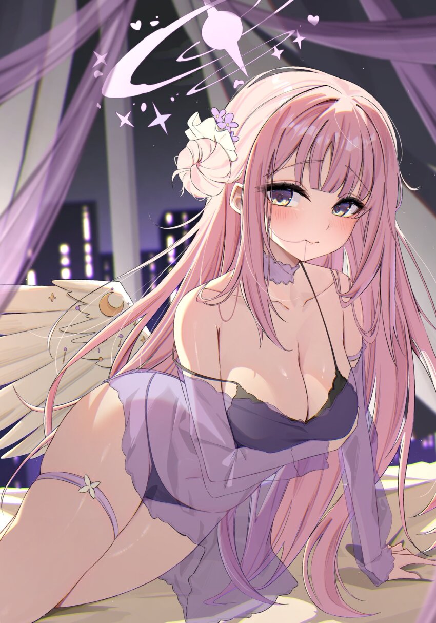 1girl arm_under_breasts black_bra black_panties blue_archive blurry blush bra breasts choker cityscape depth_of_field feathered_wings flower hair_bun hair_flower hair_ornament highres hime_cut large_breasts legs_together long_hair looking_at_viewer loose_hair_strand low_wings mika_(blue_archive) nenight nightgown on_bed panties pink_hair purple_nightgown see-through_nightgown single_side_bun solo thigh_strap thighs underwear wing_ornament wings yellow_eyes