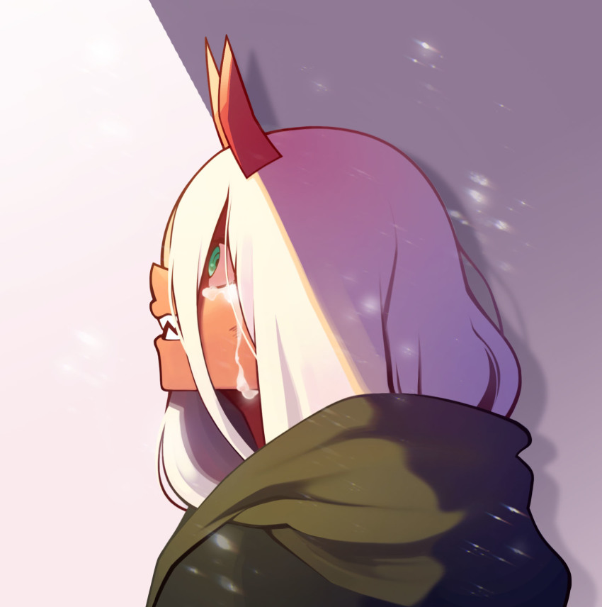 10s 1girl aqua_eyes chepill colored_skin crying darling_in_the_franxx female_focus from_side highres horns long_hair pink_hair portrait red_skin sad snow solo spoilers tears zero_two_(darling_in_the_franxx) zero_two_(young)_(darling_in_the_franxx)