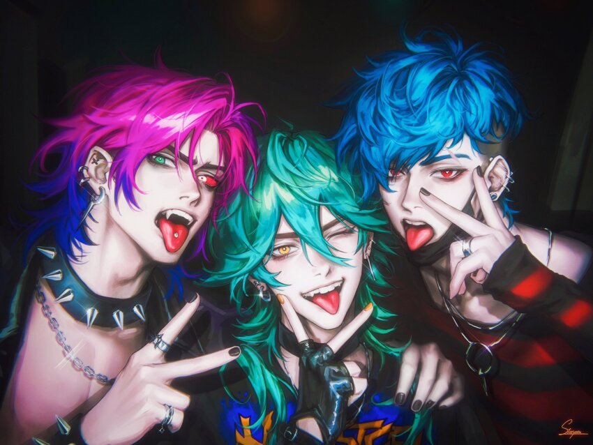 3boys aphelios black_choker black_gloves black_jacket black_mask black_nails blue_hair chain choker collar colored_sclera cross_piercing dark ear_piercing expressionless eyebrow_cut ezreal fangs fingerless_gloves frown gloves green_eyes green_hair hair_between_eyes hand_on_another&#039;s_shoulder hand_on_own_face hand_up heartsteel_aphelios heartsteel_ezreal heartsteel_kayn highres jacket jewelry kayn_(league_of_legends) league_of_legends leaning_to_the_side long_sleeves looking_at_viewer male_focus mask_pull multicolored_hair multiple_boys nail_polish necklace one_eye_closed open_clothes open_jacket orange_eyes orange_nails parted_lips piercing print_shirt purple_hair red_eyes red_sclera red_sweater ring selfie shirt short_hair signature smile spiked_collar spikes staryoruu striped_clothes sweater teeth tongue tongue_out tongue_piercing two-tone_hair undercut v