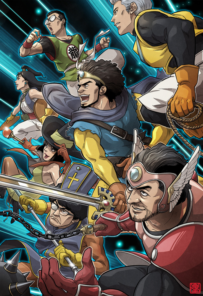 2girls 5boys adachi_koichi armor beard cape cosplay dragon_quest dragon_quest_iii facial_hair flail glasses han_joon-gi helmet highres kamataki_eri kasuga_ichiban mage_(dq3) mage_(dq3)_(cosplay) mage_staff martial_artist_(dq3) martial_artist_(dq3)_(cosplay) merchant_(dq3) merchant_(dq3)_(cosplay) mukoda_saeko multiple_boys multiple_girls nanba_yu open_mouth priest_(dq3) priest_(dq3)_(cosplay) roto_(dq3) roto_(dq3)_(cosplay) ryuu_ga_gotoku_(series) ryuu_ga_gotoku_7 smile warrior_(dq3) staff sword thief_(dq3) thief_(dq3)_(cosplay) warrior_(dq3)_(cosplay) weapon winged_helmet zack-awesome zhao_tianyou