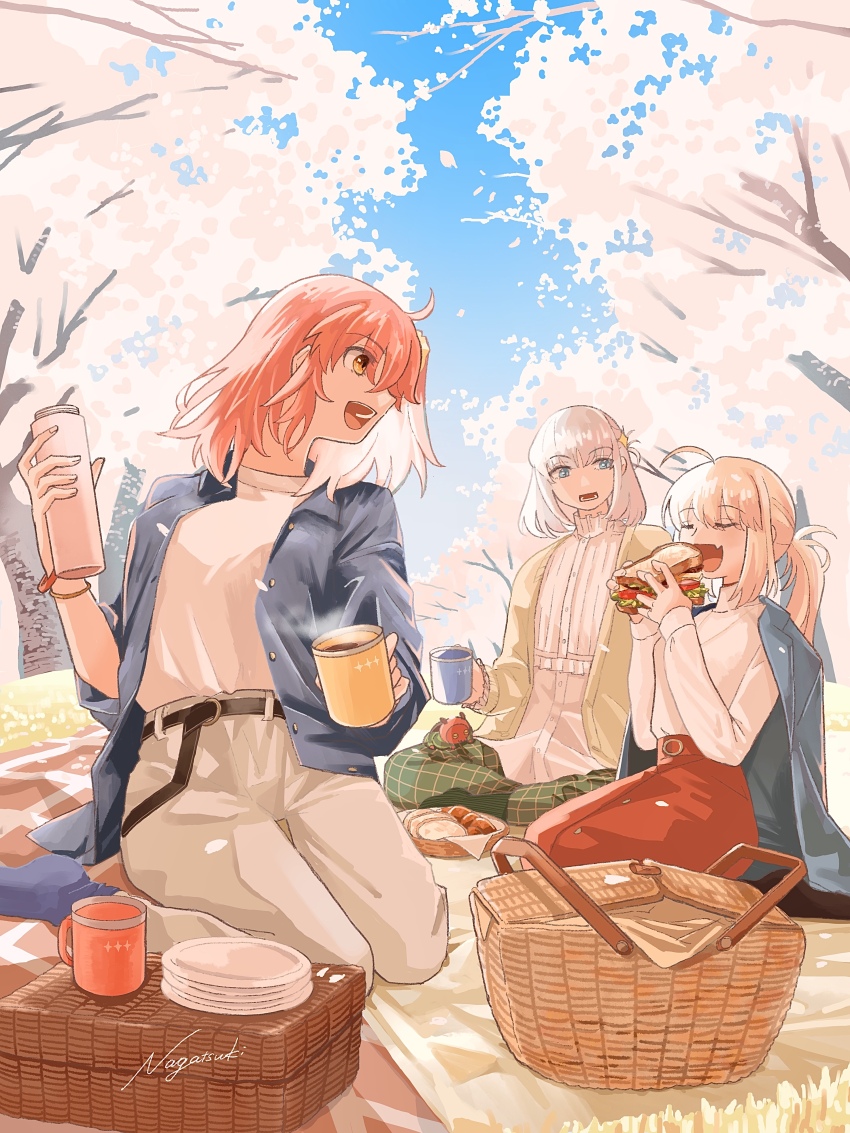 1boy 2girls absurdres artoria_caster_(fate) artoria_pendragon_(fate) basket belt bento blonde_hair breasts chaldea_security_organization cherry_blossoms coffee contemporary cup day denim denim_shorts dress eating faerie_knights_(fate) fate/grand_order fate_(series) flower food fujimaru_ritsuka_(female) grass hair_between_eyes highres holding_thermos long_sleeves medium_hair multiple_girls nagatsuki_(huwamo9_8ku) oberon_(fate) orange_eyes orange_hair outdoors picnic picnic_basket picnic_blanket pink_flower red_dress sandwich shirt short_hair shorts sitting spring_(season) takeuchi_takashi_(style) thermos tree white_shirt yakudo_trio