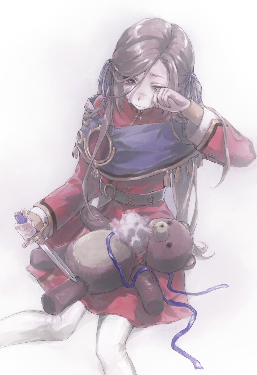 1girl aged_down brown_hair closed_mouth crying dagger dress edelgard_von_hresvelg edelgard_von_hresvelg_(young) fire_emblem fire_emblem:_three_houses hair_ribbon highres holding holding_dagger holding_knife holding_weapon knife long_sleeves melonmeros nintendo pantyhose purple_eyes purple_ribbon red_dress ribbon simple_background sitting solo stuffed_animal stuffed_toy teddy_bear twintails weapon white_background white_pantyhose