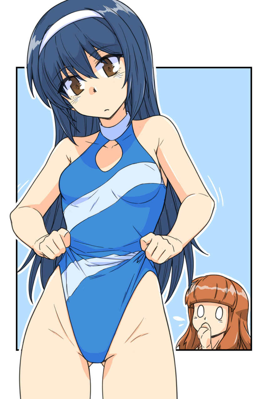 2girls adjusting_clothes adjusting_swimsuit blue_background blue_hair blue_one-piece_swimsuit border brown_eyes brown_hair covering_own_mouth empty_eyes frontal_wedgie girls_und_panzer hairband halterneck highleg highleg_one-piece_swimsuit highres long_hair looking_at_another looking_at_viewer multiple_girls one-piece_swimsuit outline outside_border reizei_mako renshiu simple_background swimsuit takebe_saori wedgie white_border white_hairband