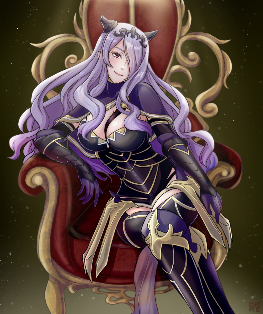 1girl absurdres armor black_armor black_panties breasts camilla_(fire_emblem) cleavage crossed_legs fire_emblem fire_emblem_fates gloves hair_over_one_eye highres kousetu0506 large_breasts long_hair nintendo panties pelvic_curtain pink_eyes purple_eyes purple_gloves purple_hair see-through_pelvic_curtain sitting_on_throne thighs tiara underwear very_long_hair wavy_hair