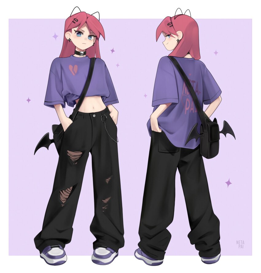 1girl absurdres animal_ears bag baggy_pants black_pants blue_eyes cat_ears commentary_request cross cross_earrings earrings fake_animal_ears frown hair_ornament hairclip hands_in_pockets highres jewelry midriff navel netapai1 original pants purple_shirt red_hair shirt shoes smile sneakers t-shirt torn_clothes torn_pants