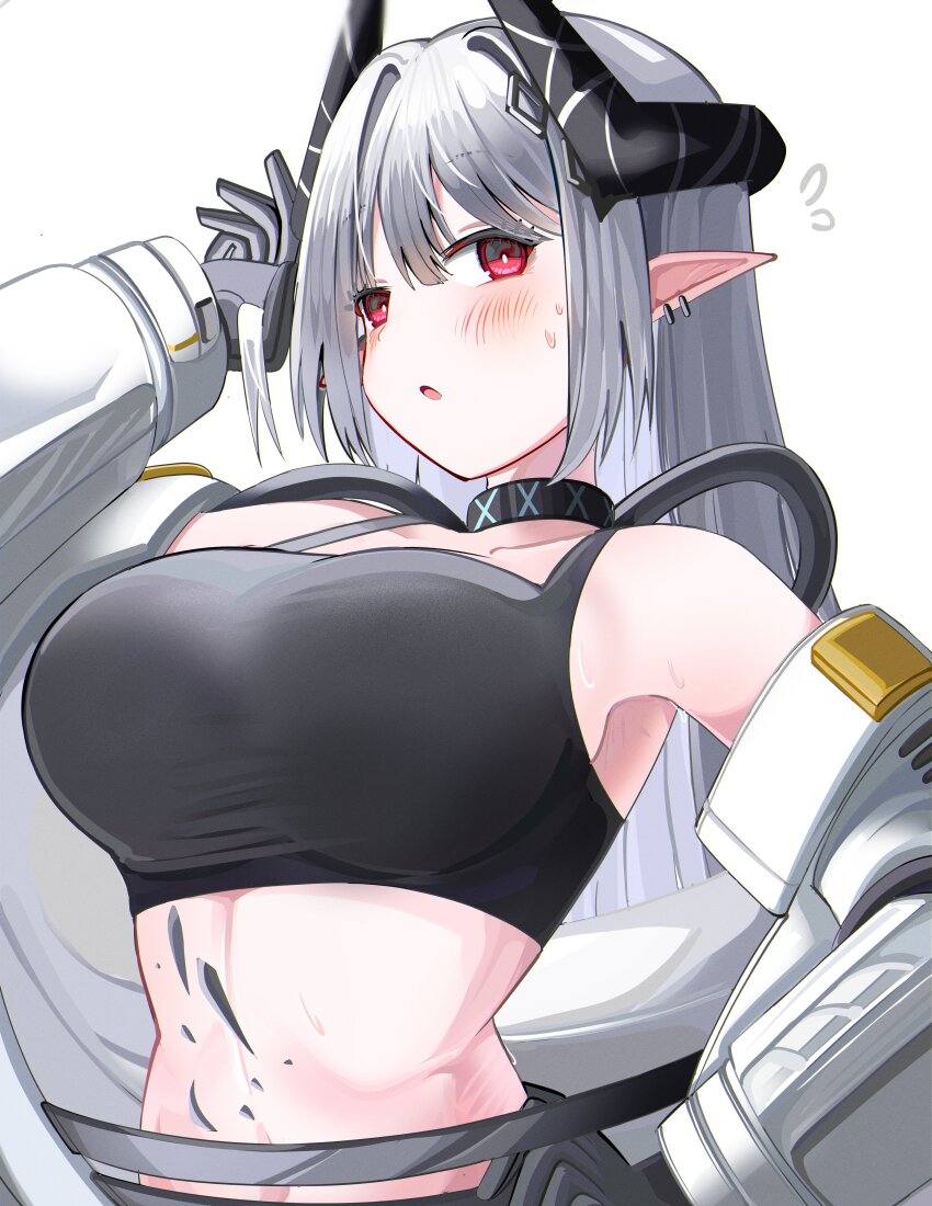 1girl :o absurdres arknights arm_up black_gloves black_horns black_sports_bra breasts bright_pupils commentary crop_top ear_piercing flying_sweatdrops gloves grey_hair hair_between_eyes hair_lift hand_on_own_hip highres horns infection_monitor_(arknights) large_breasts long_hair long_sleeves looking_at_viewer midriff mudrock_(arknights) mudrock_(elite_ii)_(arknights) navel open_mouth piercing pointy_ears red_eyes simple_background sleeveless solo spam_(spamham4506) sports_bra upper_body white_background white_pupils