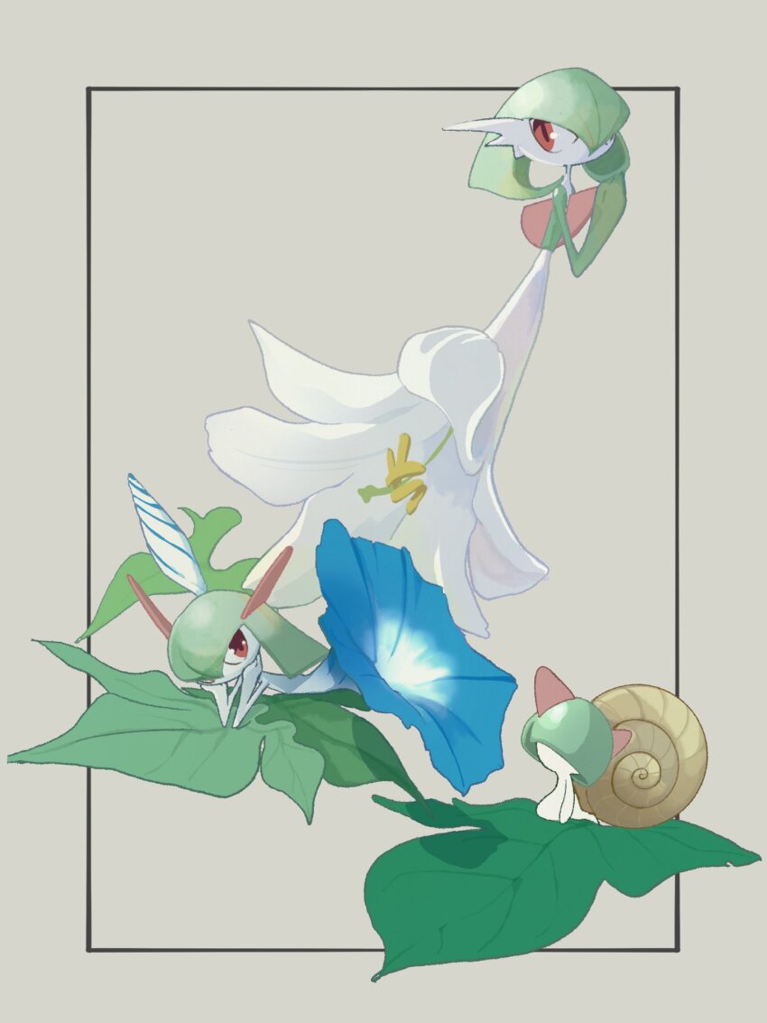 bob_cut bowl_cut colored_skin evolutionary_line flower gardevoir gen_3_pokemon green_hair green_skin hair_over_eyes hair_over_one_eye highres horns kirlia leaf multicolored_skin mxlaghrsuk33yws nintendo pink_eyes pokemon pokemon_(creature) ralts sidelocks simple_background snail_shell two-tone_skin white_skin