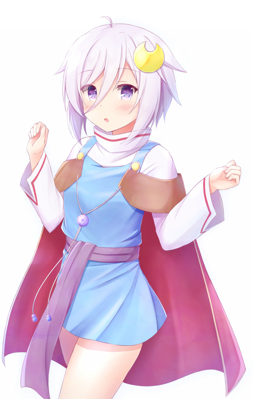 1girl ahoge blush cape cosplay crescent crescent_hair_ornament hair_ornament highres itomi_sayaka looking_at_viewer natsu_(927013) open_mouth purple_eyes red_cape rena_lanford ribbon short_hair simple_background skirt solo star_ocean star_ocean_ex star_ocean_the_second_story toji_no_miko white_background white_hair