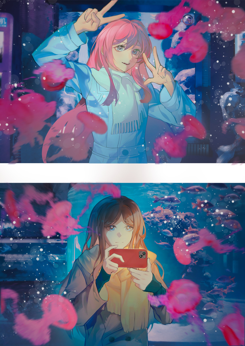 2girls absurdres aquarium bang_dream! bang_dream!_it&#039;s_mygo!!!!! black_shirt blue_coat blue_eyes brown_coat brown_hair cang_(akaga204) cellphone chihaya_anon chinese_commentary closed_mouth coat commentary_request grey_eyes hands_up highres holding holding_phone indoors jellyfish long_hair long_sleeves multiple_girls nagasaki_soyo open_mouth parted_bangs phone pink_hair scarf shirt sidelocks smartphone smile taking_picture v w watermark weibo_watermark white_scarf yellow_scarf