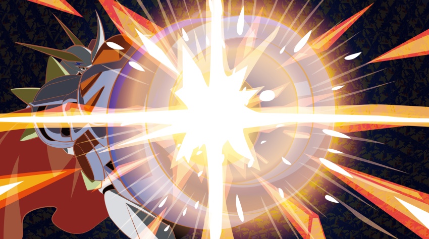 absurdres aiming arm_cannon blue_eyes cape diablomon digimon digimon_(creature) digimon_adventure digimon_adventure:_bokura_no_war_game highres horns mecha omegamon powering_up red_cape robot solo solo_focus tai_(cheungsk1213) weapon