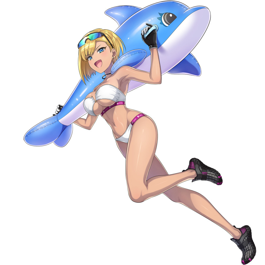 1girl armpits bikini black_gloves blonde_hair blue_eyes blush breasts choker cleavage dark-skinned_female dark_skin diving_suit dolphin_wave dutch_angle earrings eyewear_on_head game_cg gloves highres inflatable_dolphin inflatable_toy jewelry large_breasts looking_at_viewer murahaya_mashio navel non-web_source o-ring o-ring_bikini official_art ootomo_takuji open_mouth running shoes short_hair smile sneakers solo strapless strapless_bikini swept_bangs swimsuit transparent_background two-tone_gloves underboob white_bikini