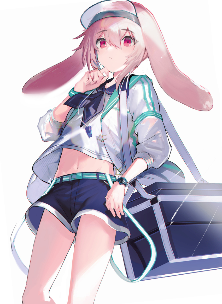 1boy animal_ears ansel_(arknights) ansel_(casual_vacation)_(arknights) arknights blue_neckerchief blue_sailor_collar blue_shorts blush closed_mouth commentary cooler feet_out_of_frame hair_between_eyes hand_up hayama_eishi highres jacket lop_rabbit_ears male_focus midriff navel neckerchief official_alternate_costume open_clothes open_jacket pink_hair rabbit_boy rabbit_ears red_eyes revision sailor_collar see-through_clothes shirt short_shorts shorts simple_background solo visor_cap white_background white_shirt