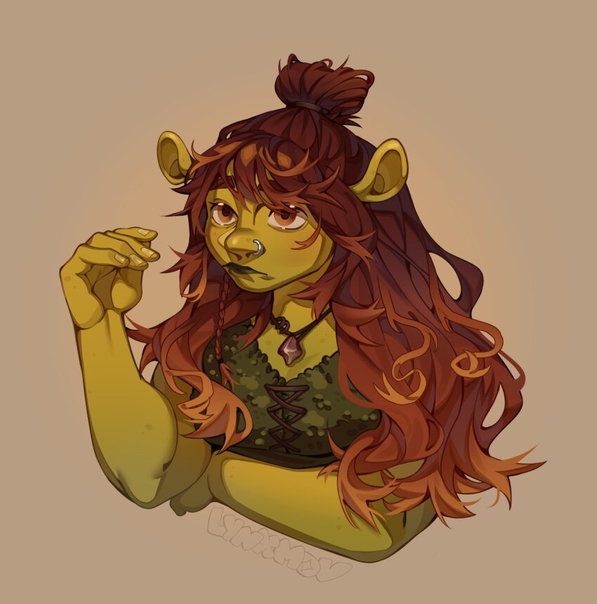 1girl brown_background brown_eyes brown_hair colored_skin felicia_(shrek) green_skin highres jewelry long_hair lynxsisblack necklace nose_piercing nose_ring ogre piercing shrek_(series) shrek_5 simple_background solo upper_body