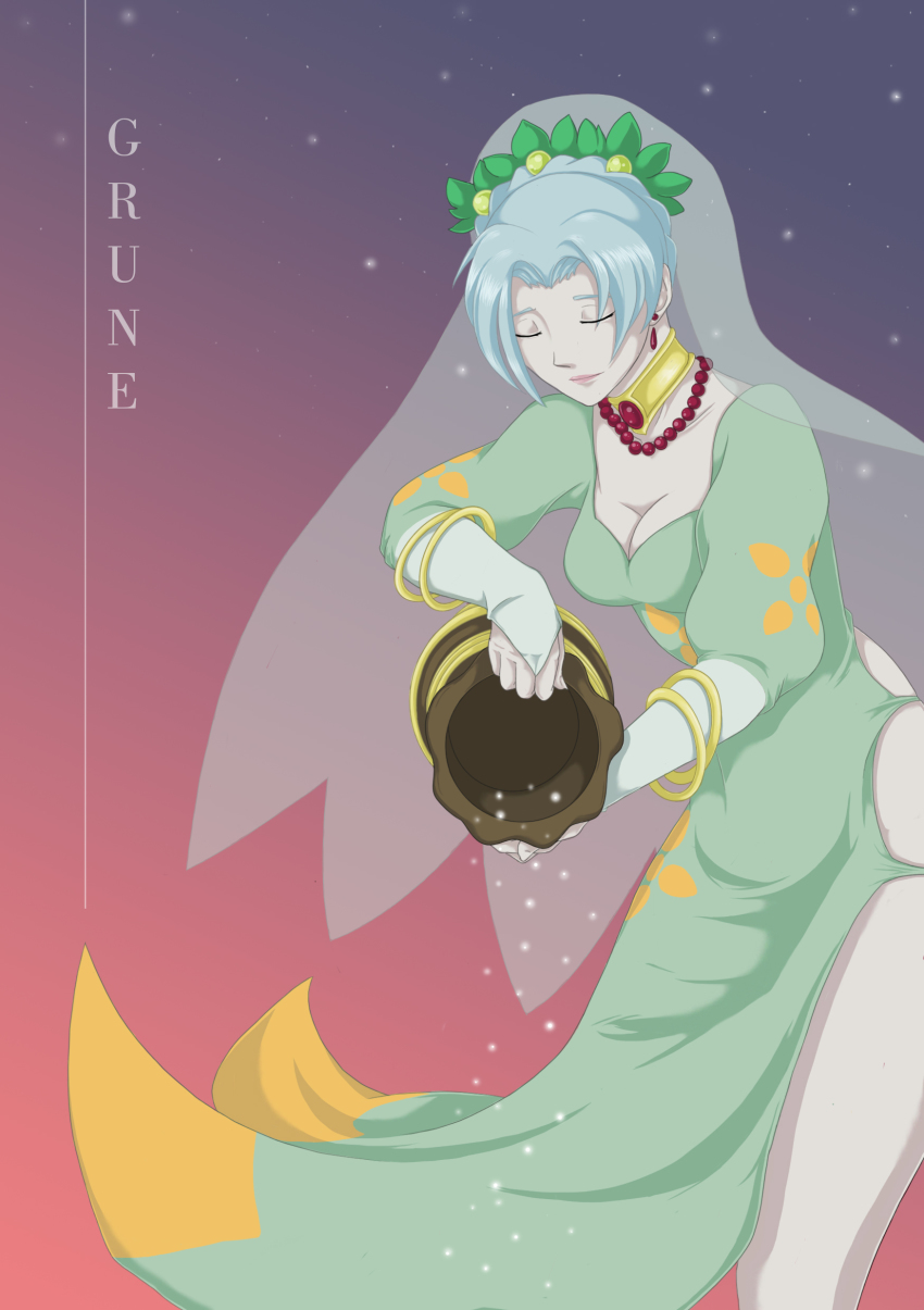1girl absurdres blue_hair bracelet braid breasts choker cleavage dress earrings closed_eyes grune_(tales) highres jewelry lips necklace short_hair tales_of_(series) tales_of_legendia veil
