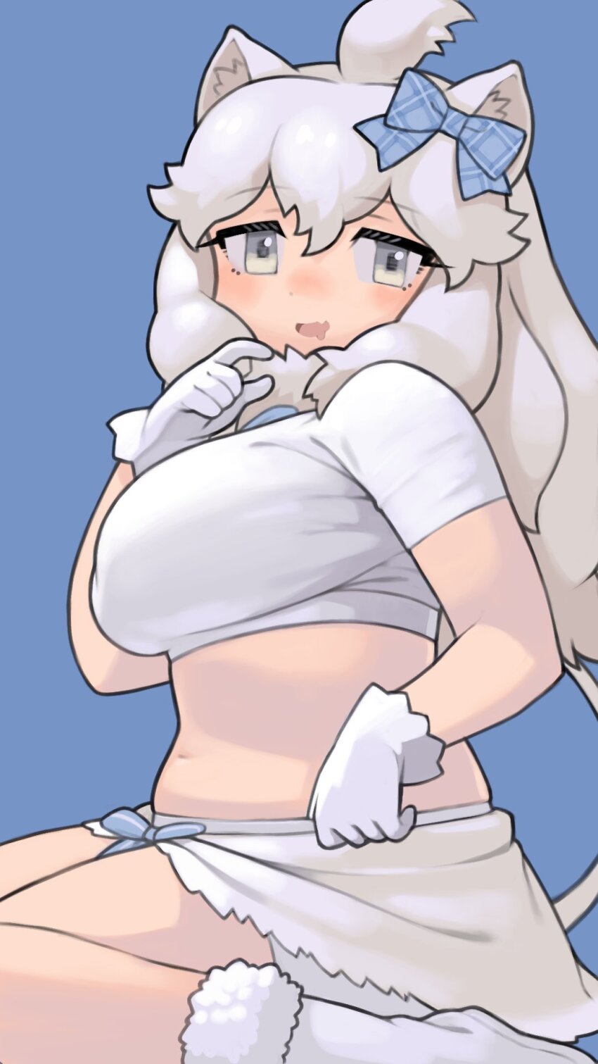 animal_ears blue_bow blue_bowtie blue_eyes blush boots bow bowtie crop_top fur_collar fur_trim gloves hair_between_eyes highres kemono_friends kemono_friends_3 lion_ears lion_girl lion_tail long_hair official_alternate_costume plaid_bow rinx sarong seiza shirt short_sleeves sidelocks sitting tail white_boots white_fur white_gloves white_hair white_lion_(kemono_friends) white_sarong white_shirt