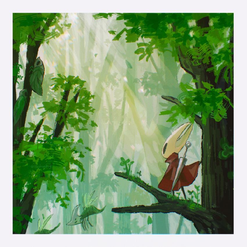 1girl arthropod_girl black_eyes black_skin blank_eyes blipbugbug border bug chromatic_aberration cloak colored_skin day female_focus forest from_behind full_body furry furry_female green_background green_theme grey_border high_collar hollow_knight hollow_knight:_silksong hornet_(hollow_knight) in_tree leaf_glider_(hollow_knight) light_rays moss nature needle_(hollow_knight) outdoors pendra_(hollow_knight) red_cloak solo standing sunlight tree weapon weapon_on_back