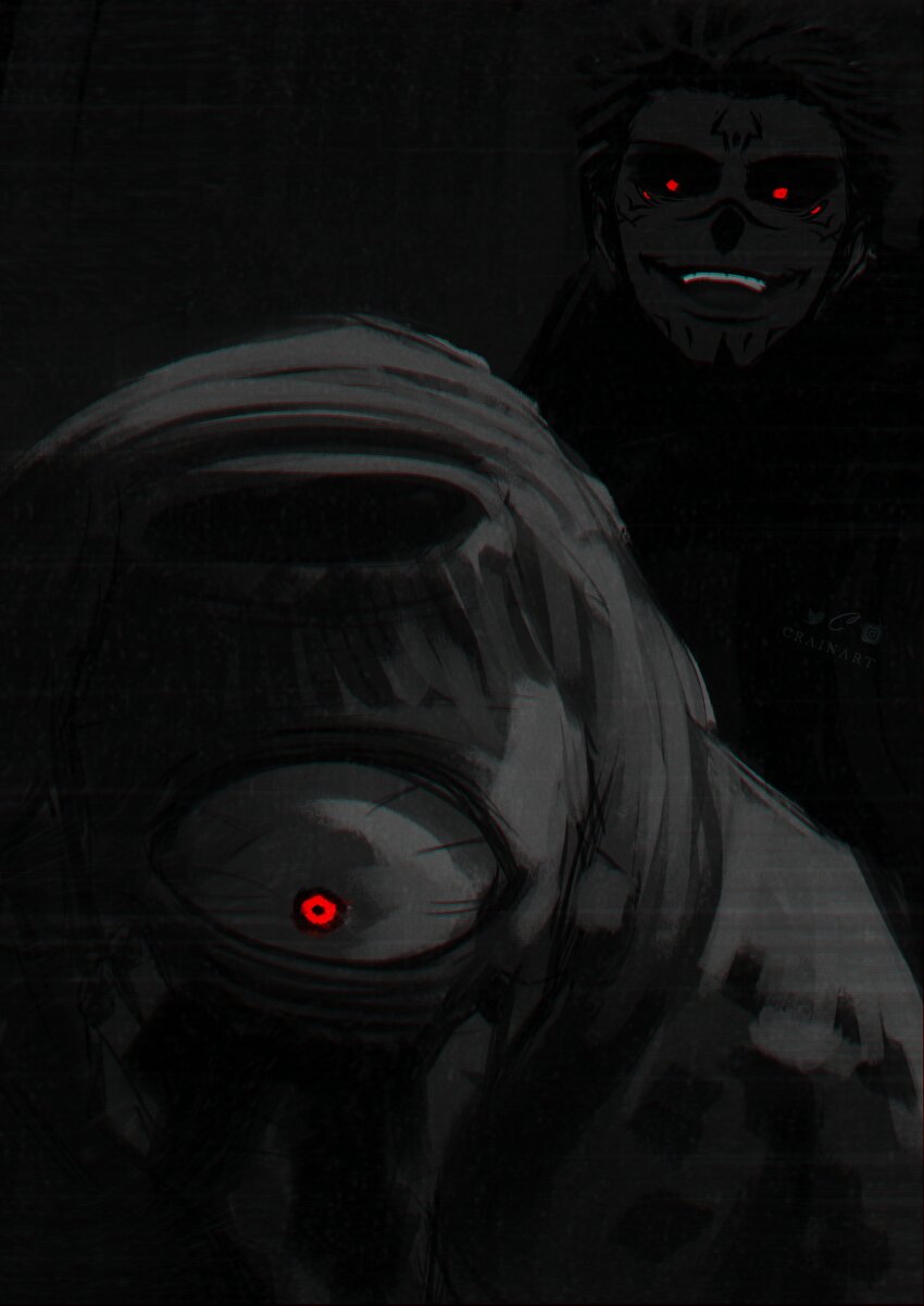 2boys absurdres black_theme cork crain1art cyclops evil_smile extra_eyes facial_tattoo forehead_tattoo glowing glowing_eyes greyscale highres jogo_(jujutsu_kaisen) jujutsu_kaisen looking_at_another looking_down monochrome multiple_boys one-eyed print_cloak red_eyes ryoumen_sukuna_(jujutsu_kaisen) smile spiked_hair tattoo undercut