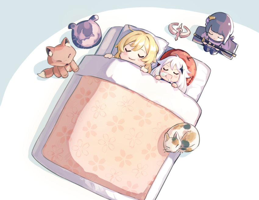 2girls blanket blonde_hair blush cat character_doll closed_eyes doll genshin_impact halo halo_removed highres lumine_(genshin_impact) multiple_girls open_mouth paimon_(genshin_impact) pillow raiden_shogun sleeping timukai white_hair