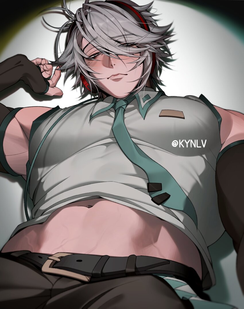 1boy absurdres alhaitham_(genshin_impact) belt black_pants blue_necktie closed_mouth cosplay detached_sleeves genshin_impact grey_hair hair_between_eyes hair_over_one_eye hatsune_miku hatsune_miku_(cosplay) headphones highres kynlv large_pectorals lips looking_at_viewer male_focus midriff mole mole_on_cheek mole_under_eye muscular muscular_male navel necktie pants pectorals short_hair simple_background sleeveless solo twitter_username veiny_crotch