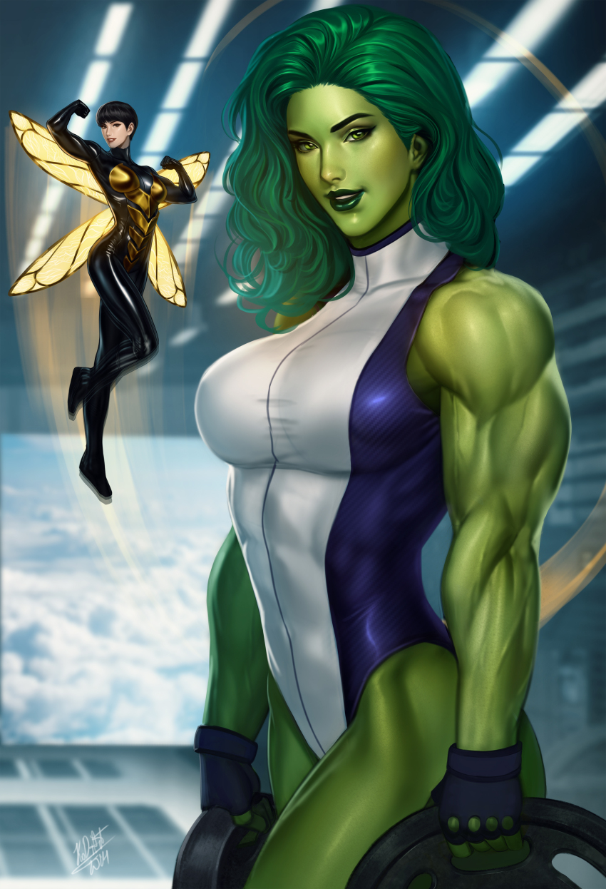 2girls absurdres black_bodysuit black_hair bodysuit breasts brown_eyes colored_skin fingerless_gloves gloves green_eyes green_hair green_skin highres insect_wings janet_van_dyne kodiart96 large_breasts leotard long_hair looking_at_viewer marvel mini_person minigirl multicolored_leotard multiple_girls muscular muscular_female purple_leotard she-hulk short_hair signature two-tone_leotard wasp_(marvel) white_leotard wings