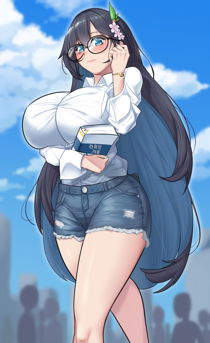 1girl absurdres blue_eyes blue_sky blush book bracelet breasts cloud collared_shirt colored_inner_hair crowd cutoffs day denim denim_shorts flower glasses hair_flower hair_ornament highres huge_breasts impossible_clothes impossible_shirt jewelry kiji_711 korean_text last_origin long_hair mole mole_under_eye multicolored_hair oberonia_rhea outdoors shirt short_shorts shorts silhouette sky solo two-tone_hair very_long_hair white_shirt