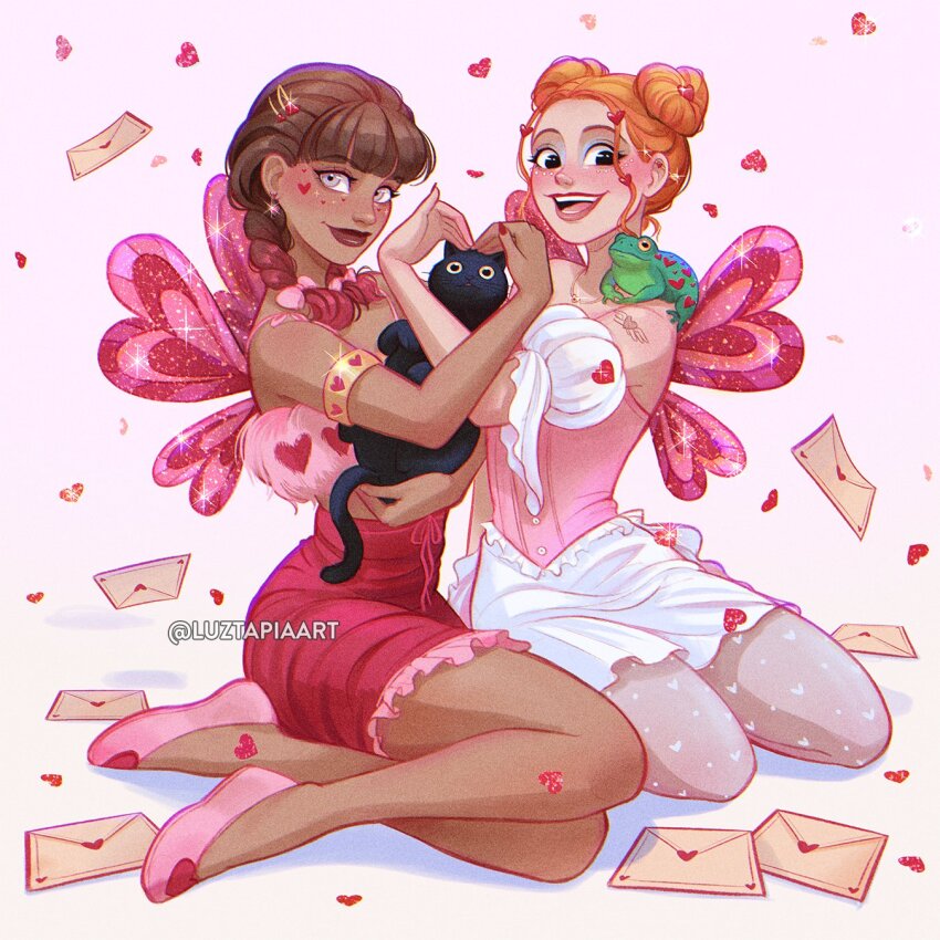 2girls artist_name black_cat brown_hair cat dark-skinned_female dark_skin double_bun dress frog gold_armlet gradient_hair grey_eyes hair_bun heart highres letter looking_at_viewer luztapiaart multicolored_hair multiple_girls orange_hair original peyton_(luztapiaart) pink_shoes red_dress red_hair roya_(luztapiaart) shoes skirt two-tone_hair valentine watermark white_skirt