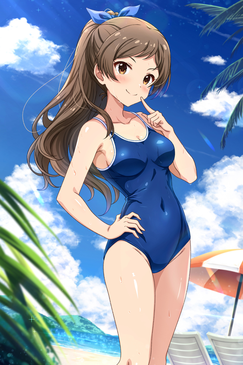 1girl beach blue_one-piece_swimsuit blush breasts brown_eyes brown_hair cleavage closed_mouth collarbone competition_school_swimsuit covered_navel cowboy_shot day finger_to_cheek hand_on_own_hip highres idolmaster idolmaster_million_live! kitazawa_shiho long_hair looking_at_viewer one-piece_swimsuit outdoors ponytail rocktaso_co_ltd school_swimsuit smile solo standing swimsuit