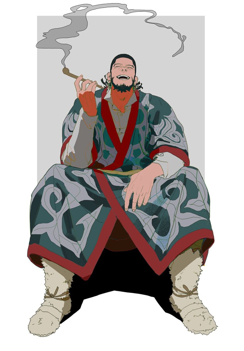 1boy arm_up beard black_hair boots closed_eyes collared_shirt earrings elbow_on_leg facial_hair fingernails fur_boots galeblack golden_kamuy head_back highres holding holding_smoking_pipe japanese_clothes jewelry kimono kiroranke kiseru laughing layered_sleeves male_focus open_collar open_mouth patterned_clothing piercing red_trim shirt sitting smoking_pipe solo teeth white_boots white_shirt wing_collar