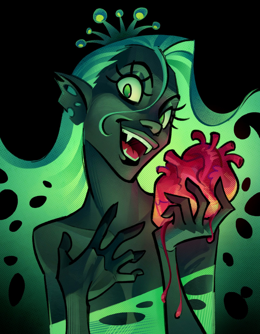 1girl absurdres bare_shoulders black_background blood blood_on_hands colored_skin crown fangs green_eyes green_hair green_skin hand_on_own_chest heart highres holding long_hair looking_at_viewer my_little_pony my_little_pony:_friendship_is_magic personification pointy_ears queen_chrysalis sacklumi simple_background smile solo solo_focus teeth