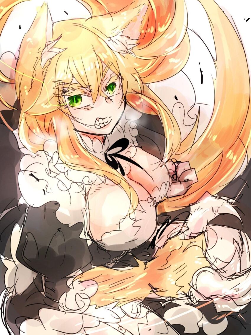 1girl angry animal_ears artist_request blonde_hair breasts cat_girl cleavage frederica_baumann fur green_eyes highres large_breasts lion_ears lion_girl lion_tail long_hair looking_at_viewer maid re:zero_kara_hajimeru_isekai_seikatsu roswaal_mansion_maid_uniform sharp_teeth slit_pupils tail teeth very_long_hair