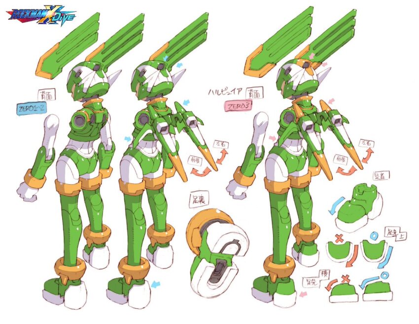 1boy armor boots reference_sheet commentary_request concept_art copyright_name crop_top full_body green_armor green_footwear green_helmet head_wings helmet male_focus mechanical_wings mega_man_(series) mega_man_x_(series) mega_man_x_dive mega_man_zero_(series) mega_man_zero_1 mega_man_zero_3 multiple_views nakayama_tooru official_art sage_harpuia_(mega_man) second-party_source simple_background thigh_boots translation_request white_background wings