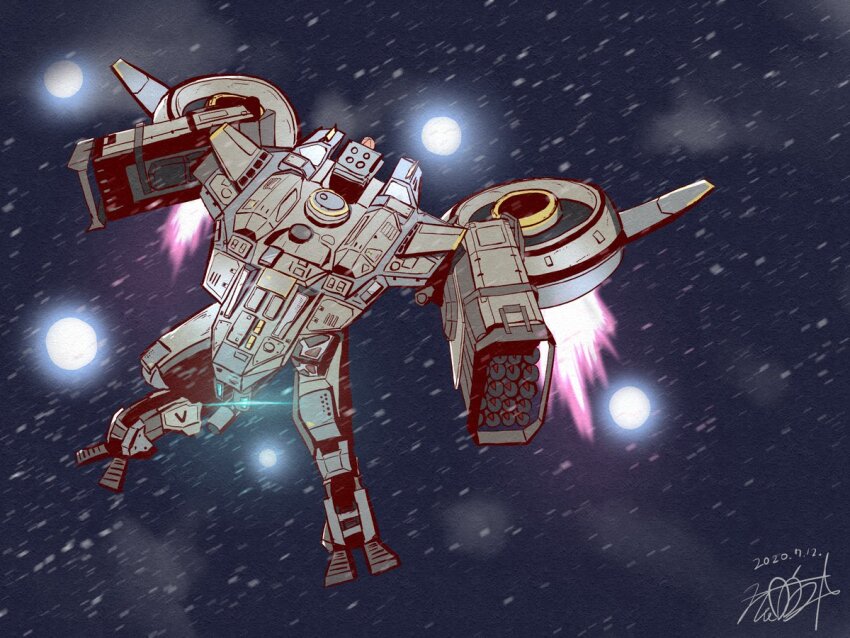 battle_of_titans glowing hozukikasumi mecha multishot_rocket_launcher robot rocket_launcher signature snowing thrusters walker_(robot) weapon