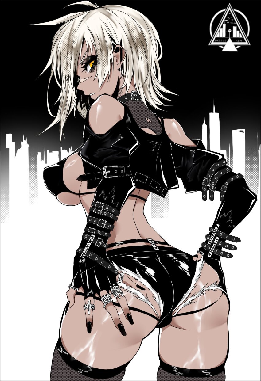 1girl ahoge artist_name ass back belt_collar bikini black_bikini black_collar black_gloves black_nails black_pantyhose black_shorts blazblue blazblue:_chronophantasma breasts bullet_(blazblue) clothing_cutout collar commentary covered_erect_nipples dark-skinned_female dark_skin denim denim_shorts dizzle english_commentary fingerless_gloves fishnet_pantyhose fishnets from_behind gloves goth_fashion grabbing_own_ass grey_hair highres jewelry looking_at_viewer looking_back medium_breasts multiple_rings nail_polish pantyhose parted_lips ring scar scar_on_face short_hair shorts shrug_(clothing) skindentation solo standing swimsuit yellow_eyes