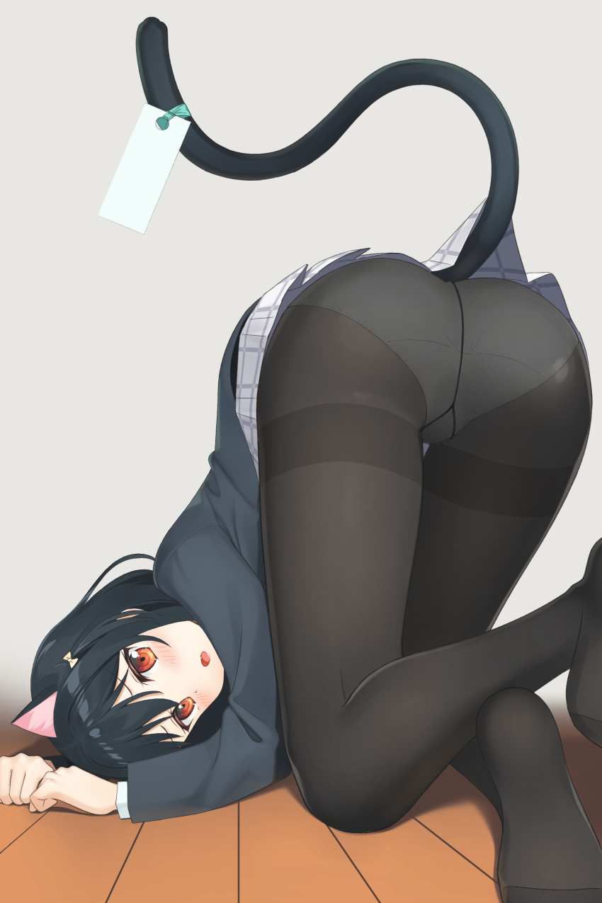 1girl _pantyhose absurdres animal_ears apollo_(hu_maple) ass black_hair black_pantyhose blazer blue_jacket cat_ears commentary_request crotch_seam fang gusset highres jacket kemonomimi_mode long_sleeves love_live! love_live!_nijigasaki_high_school_idol_club medium_hair mifune_shioriko miniskirt no_shoes on_floor panties panties_under_pantyhose pantyhose partial_commentary plaid_clothes plaid_skirt pleated_skirt red_eyes school_uniform shirt skirt solo tail tail_ornament thigh_gap thighband_pantyhose top-down_bottom-up underwear white_shirt white_skirt wooden_floor