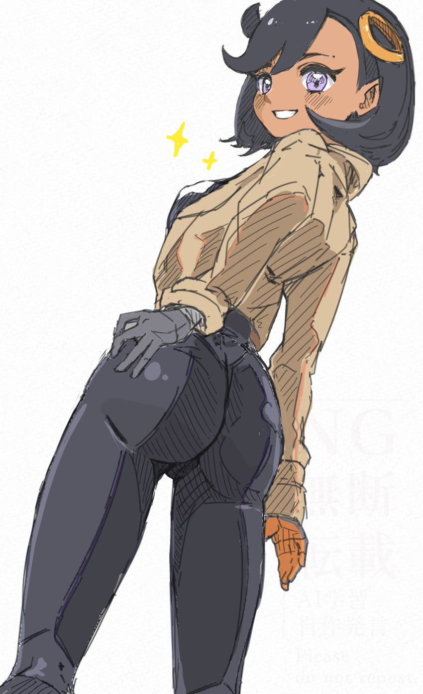 1girl absurdres aged_up ass black_bodysuit black_gloves black_hair bodysuit bodysuit_under_clothes breasts brown_jacket commentary_request cowboy_shot cowlick dark-skinned_female dark_skin emma_(pokemon) from_behind gloves grin hair_between_eyes hair_ornament hand_on_own_hip highres jacket latex latex_bodysuit long_sleeves looking_at_viewer medium_breasts nintendo onihime_takun orange_gloves pokemon pokemon_legends:_z-a purple_eyes short_hair sidelocks simple_background sketch smile solo sparkle standing swept_bangs teeth two-tone_gloves white_background